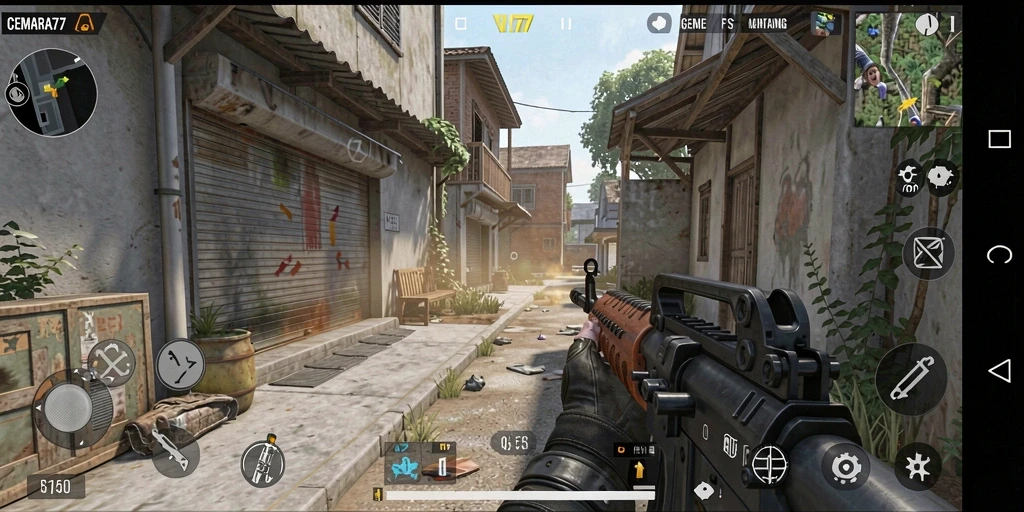 Screenshot gameplay CEMARA77 menampilkan aksi tembak-menembak yang intens.