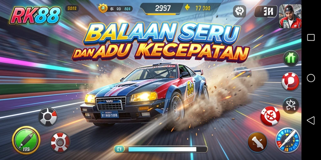 Screenshot utama RK88 menampilkan aksi balap yang seru dan mendebarkan.